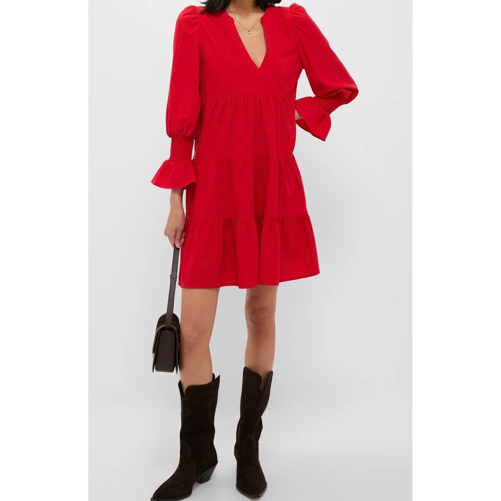 Pomander Place TUCKERNUCK Red Crepe Tiered‎ V-Neck Kenzo Mini Babydoll Dress S